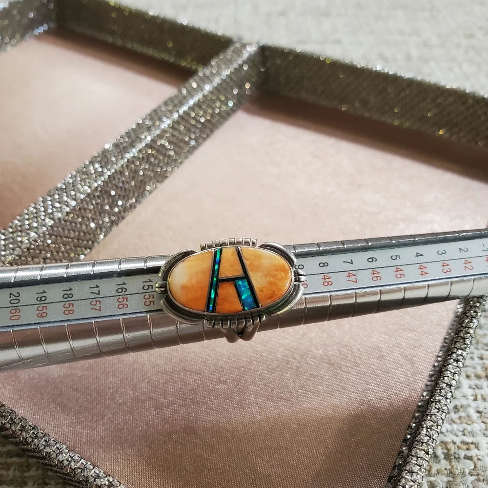 Vintage Native American Spiny Oyster Opal Inlay Ring
